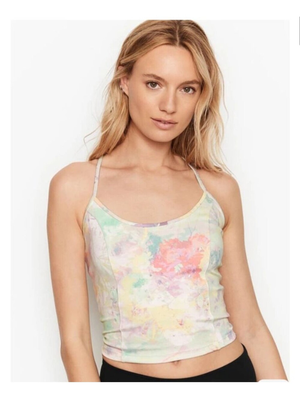 Victoria’s Secret Crop Exercise Tank Top Pastel Watercolor Flowers Size LG